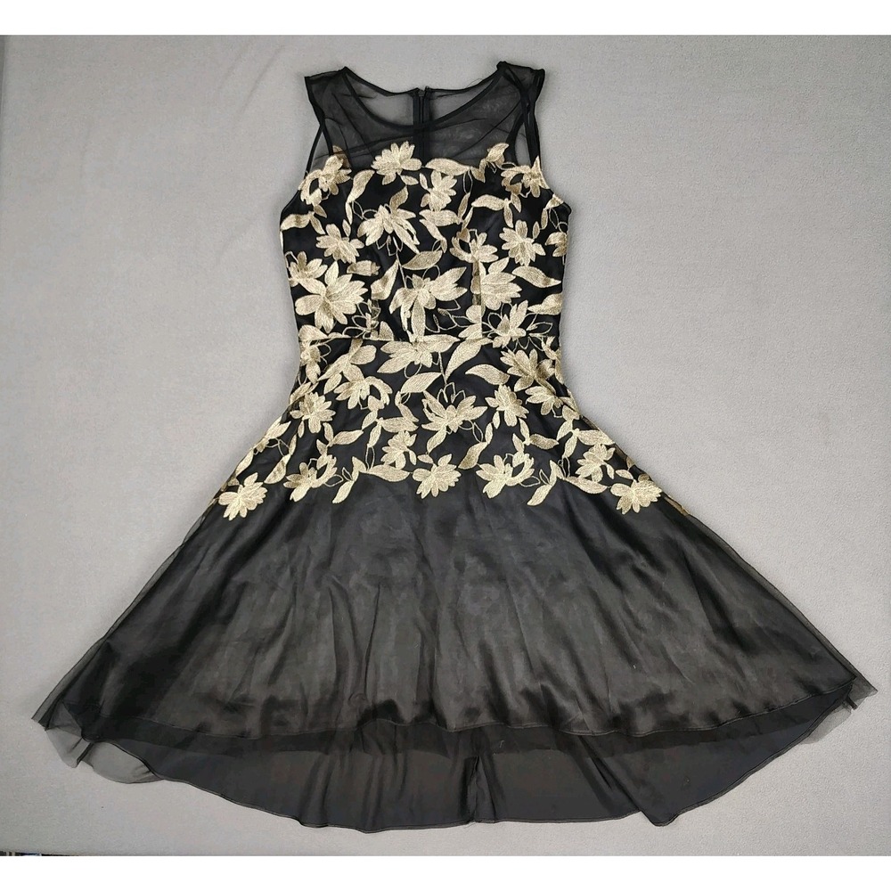 Tahari ASL Fit Flare Cocktail‎ Dress Size 4 Black Gold Floral Embroidered Lined